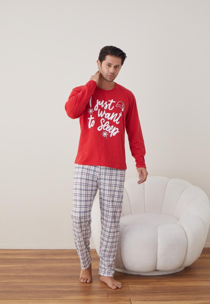 Pijama barbati Craciun , maneca lunga ,pantaloni lungi,Culoare Rosu ,Engros